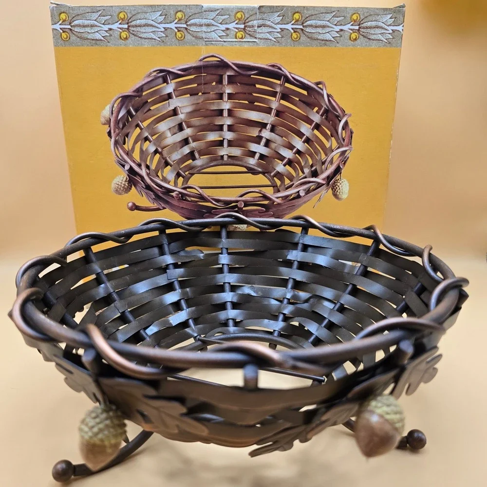 Harvest‎ Time Copper Metal Basket Oak Leaf Acorn Woven Fruit Bowl Autumn Decor